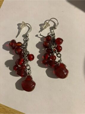 Red Bead Cluster Dangle Earrings - Unbranded